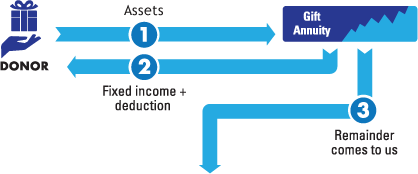 This diagram represents how to make a gift of a charitable gift annuity - a gift that pays you income.